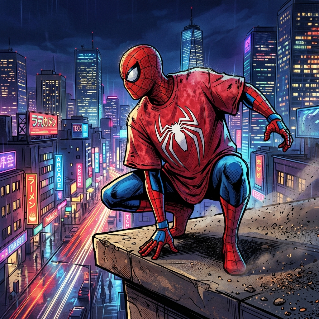 Spider-Man superhero figure wearing the Red Acid Wash Spider T-Shirt on a NYC rooftop — comic streetwear art