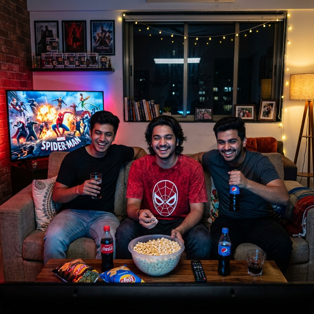 Friends watching Spider-Man movie together at home wearing Red Acid Wash Spider T-Shirt