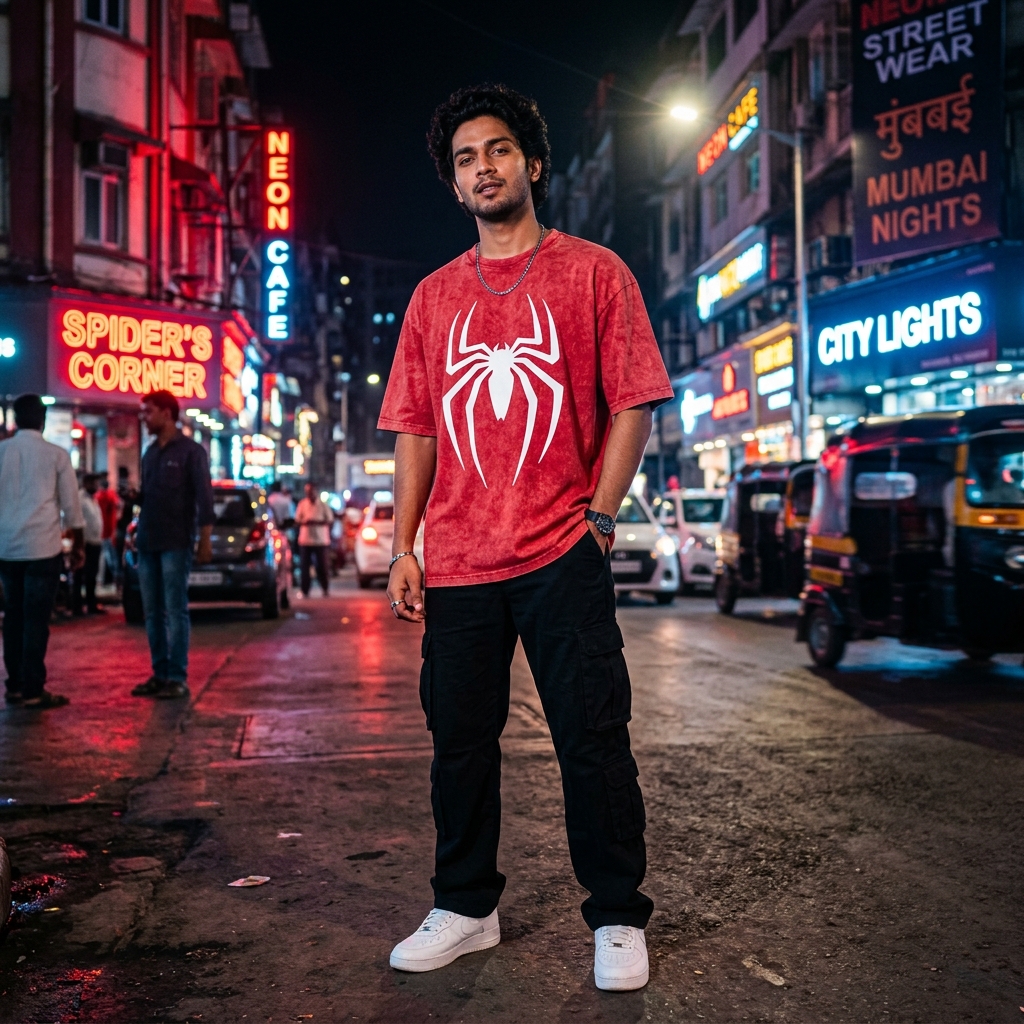 Urban streetwear look featuring Red Acid Wash Spider T-Shirt on city streets at night