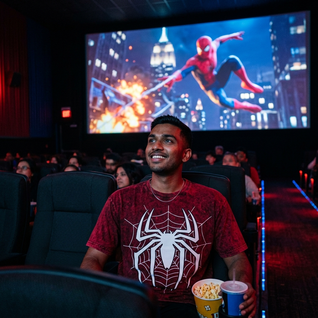 Man wearing Red Acid Wash Spider T-Shirt watching Spider-Man Brand New Day in movie theater cinema